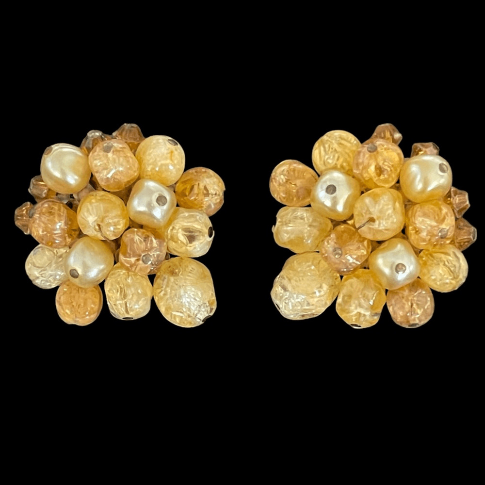 West Germany Beaded Clip On Earrings Large 1.25” Diameter Lt. Amber/Peach Color